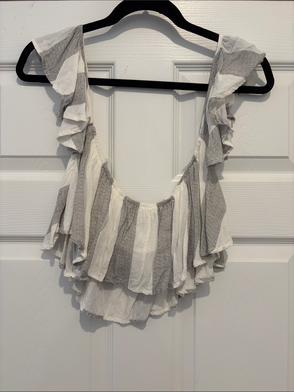 Lulus Sea Of Cortez Grey And White Striped Off-the-shoulder Crop Top - Size S - Picture 5 of 5